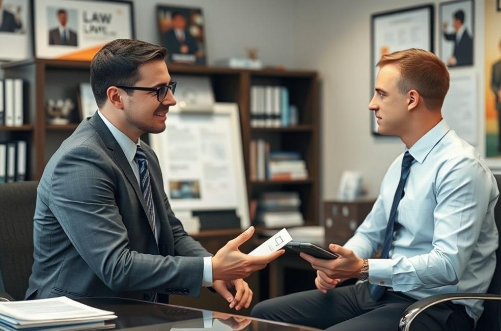 Advogado consultando cliente com materiais de marketing do setor jurídico.