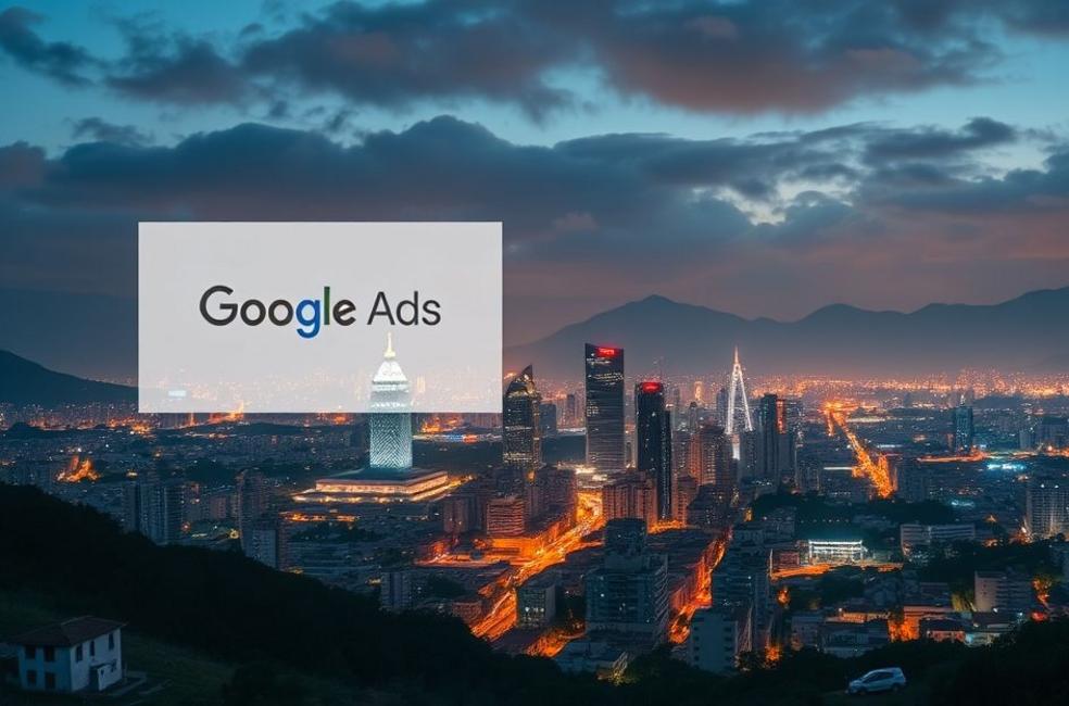 Cenário de Chapecó iluminado com banners de Google Ads.