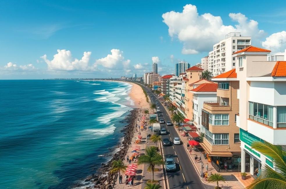 Praia e comércio em Caraguatatuba mostrando o aumento de visibilidade empresarial.