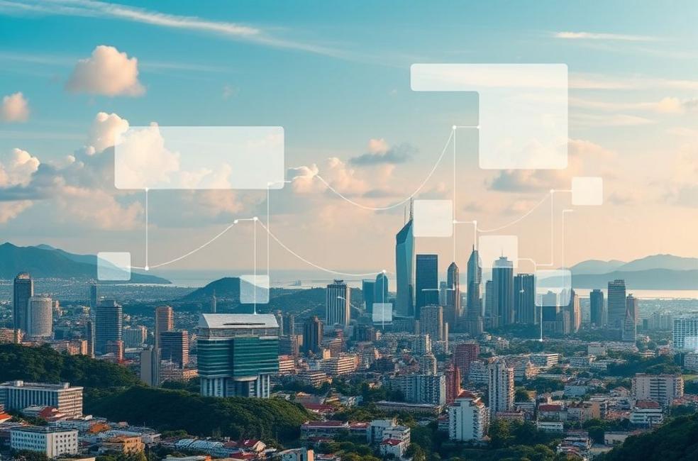 Vista da cidade de São José - SC com elementos de marketing digital.