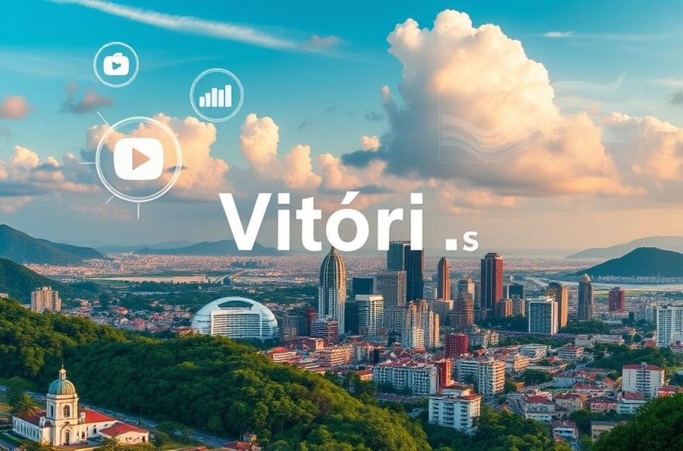 Vista de Vitória com ícones de vídeos e gráficos de marketing digital.