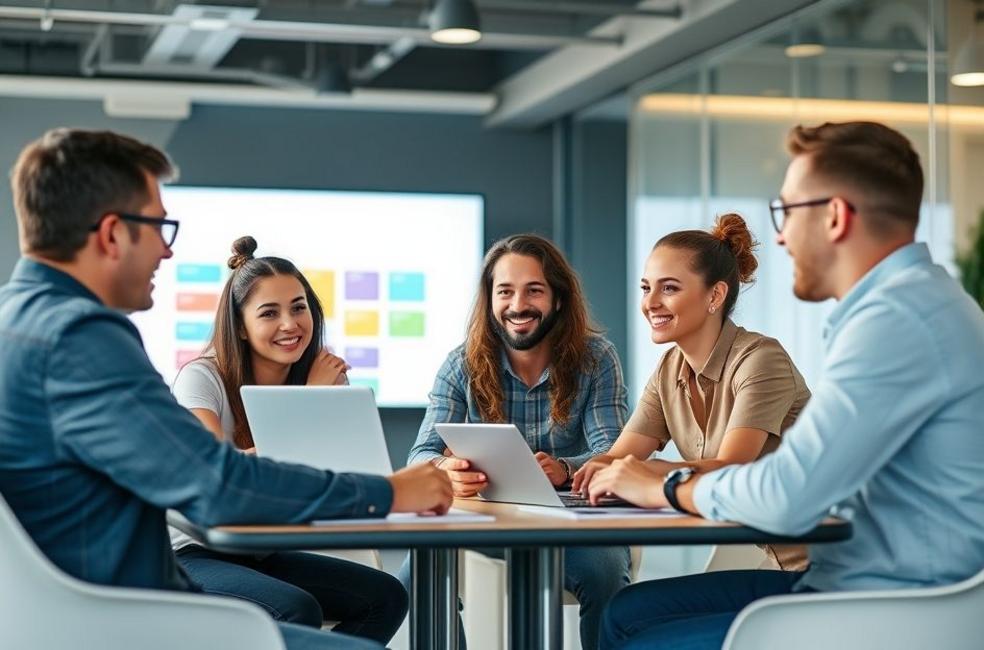 Reunião de uma agência de marketing digital com clientes, representando colaboração e inovação.