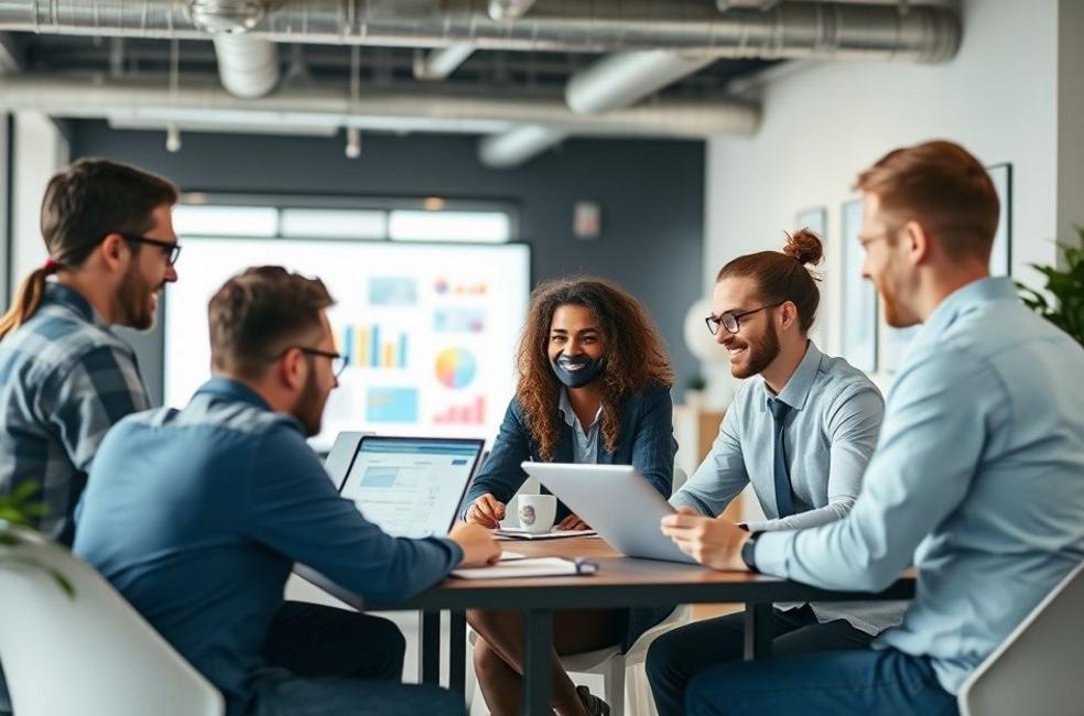 Equipe de marketing digital em ação.
