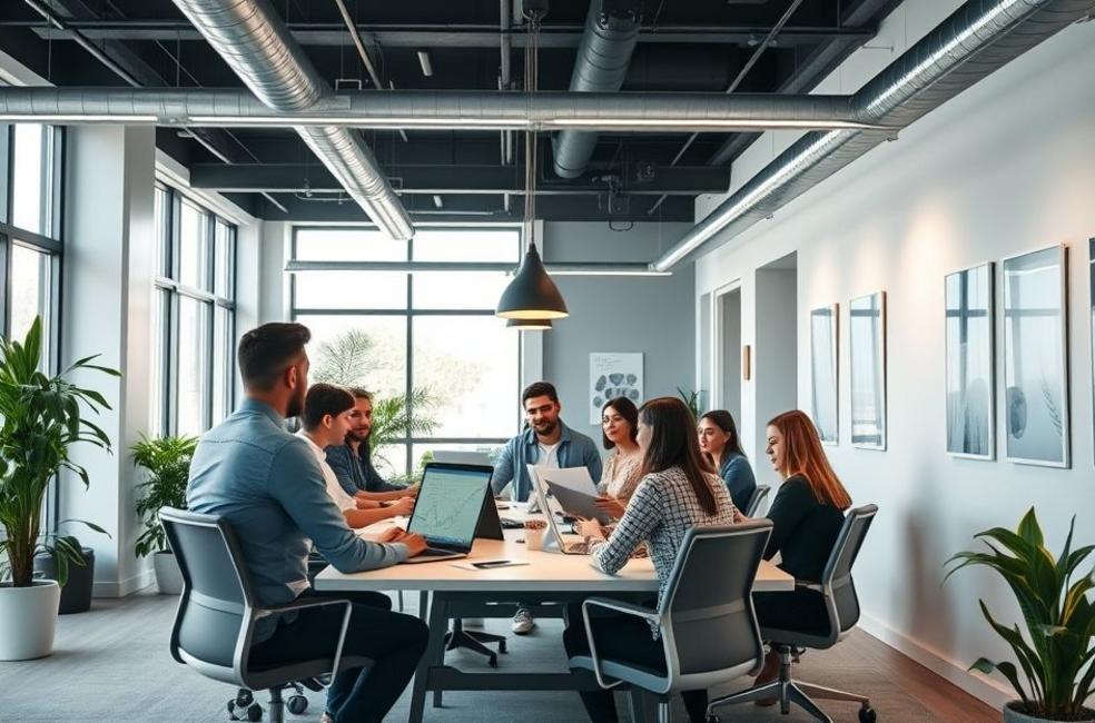 Ambiente de trabalho em uma agência de marketing digital inovadora.