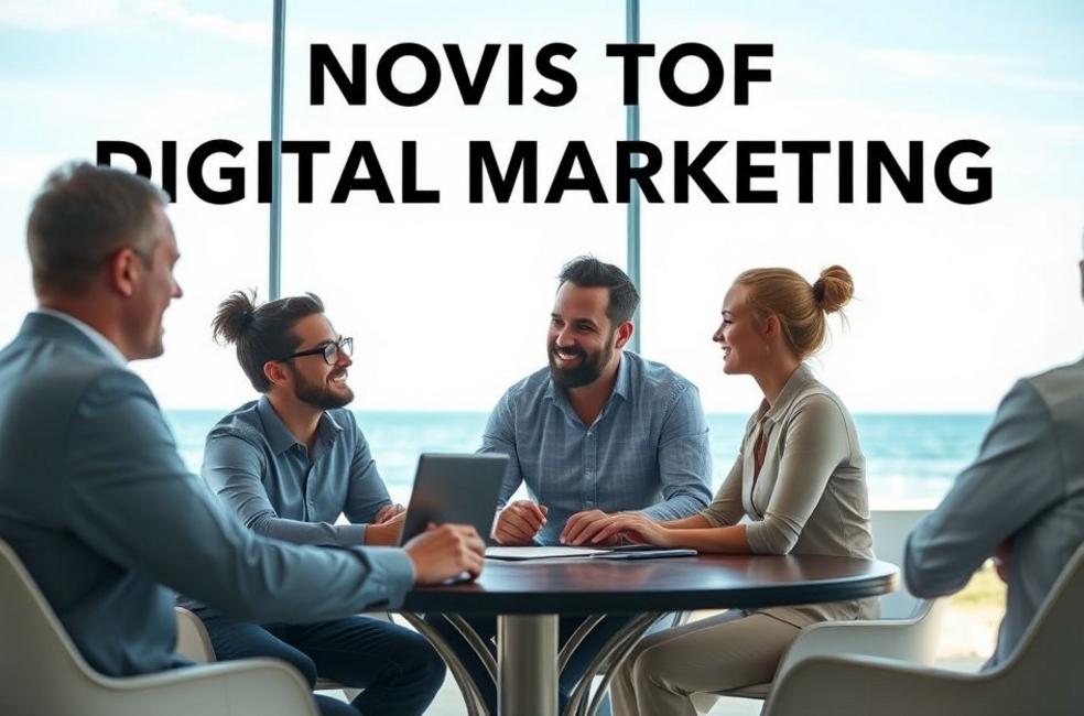 Profissionais discutindo estratégias de marketing digital com vista para a praia.