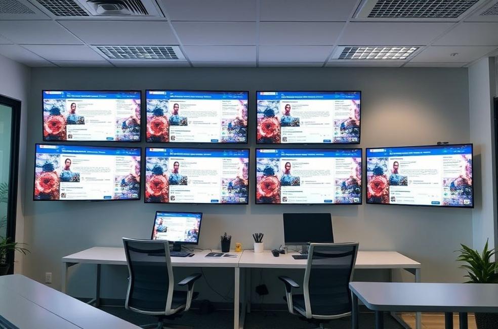 Ambiente de escritório de marketing digital em Contagem com campanhas de Facebook Ads.