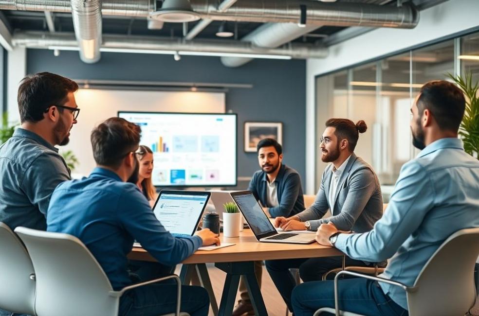 Equipe de marketing digital em uma sessão de brainstorming sobre campanhas de Facebook Ads.