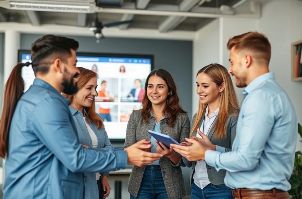 Equipe colaborando em uma agência de marketing digital.