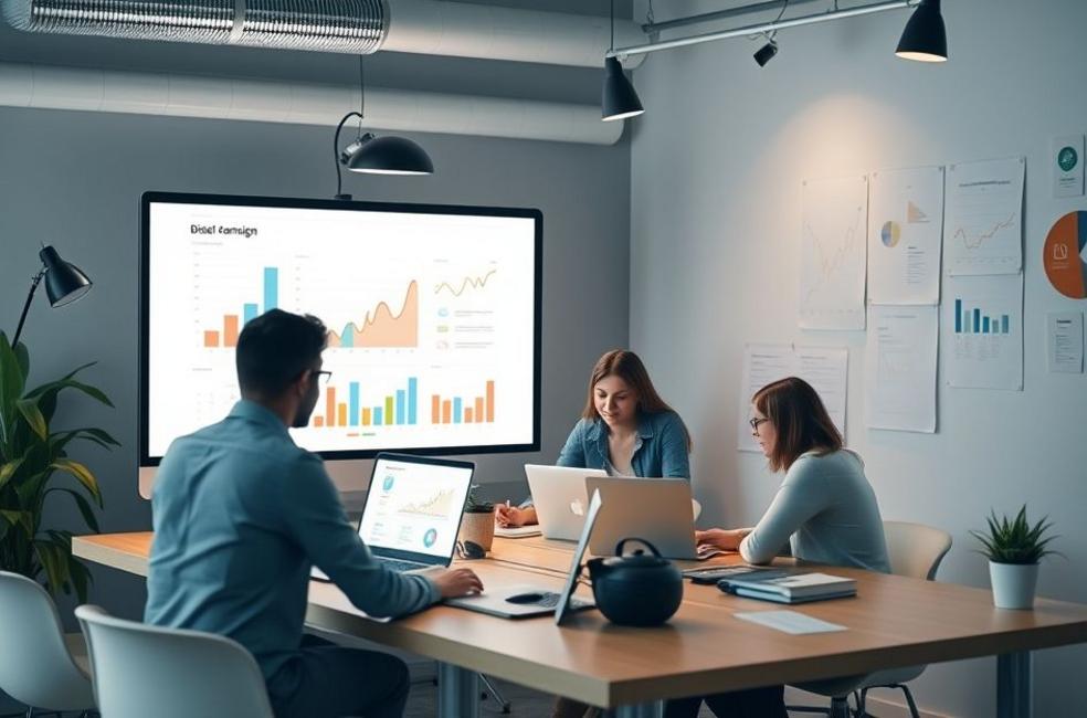 Equipe de marketing digital colaborando em uma campanha de sucesso.