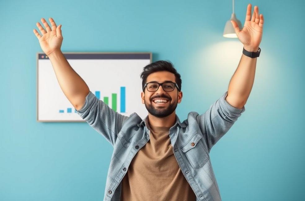 Proprietário de empresa celebrando resultados de anúncios digitais