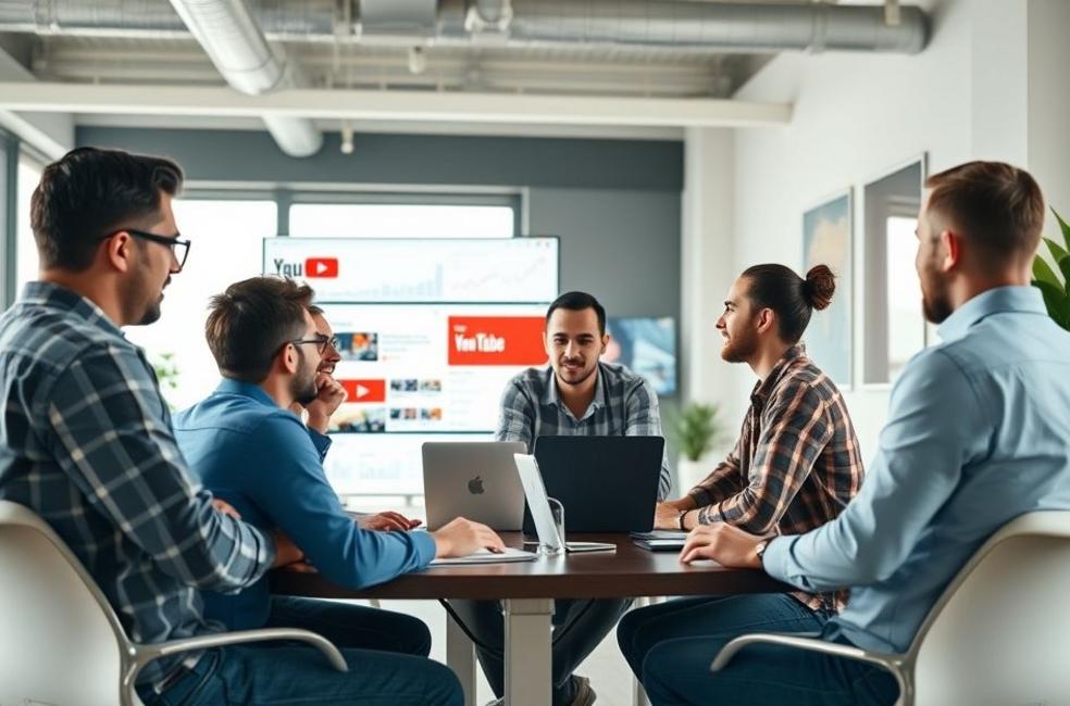 Equipe de marketing colaborando em estratégias de anúncios do YouTube.