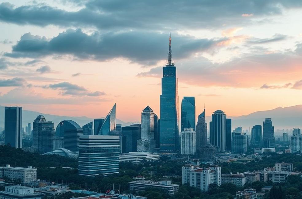 Vista moderna da cidade de Duque de Caxias com símbolos de tecnologia e marketing.