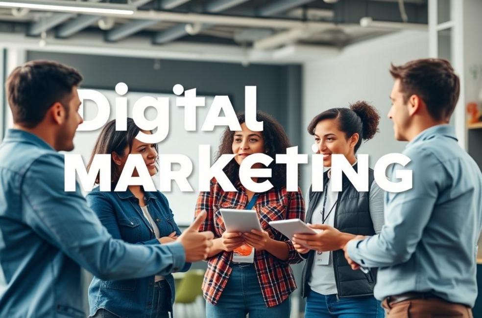 Empreendedores envolvidos em discussão sobre marketing digital