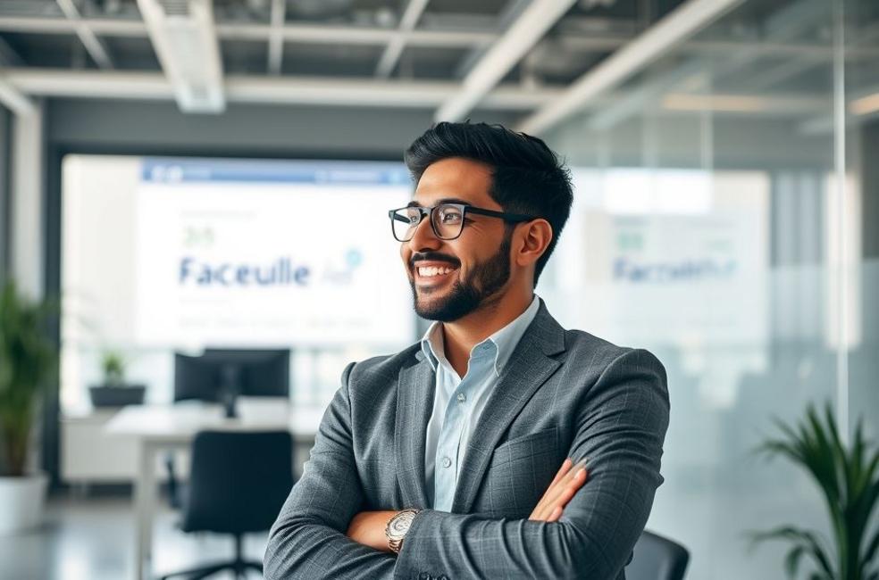 Empresário feliz analisando resultados de anúncios.