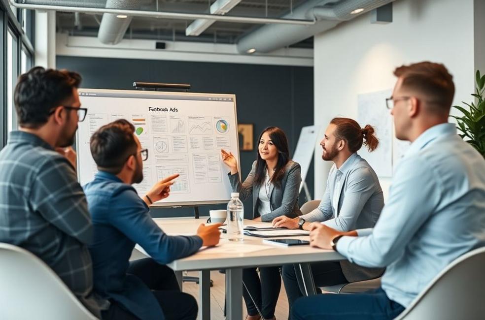 Colaboração de equipe de marketing para desenvolver anúncios no Facebook.