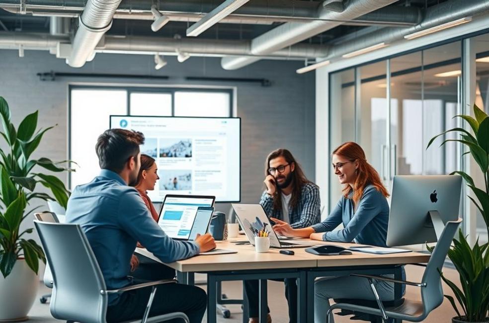 Equipe em um ambiente sério, planejando campanhas de Facebook Ads coletivamente.