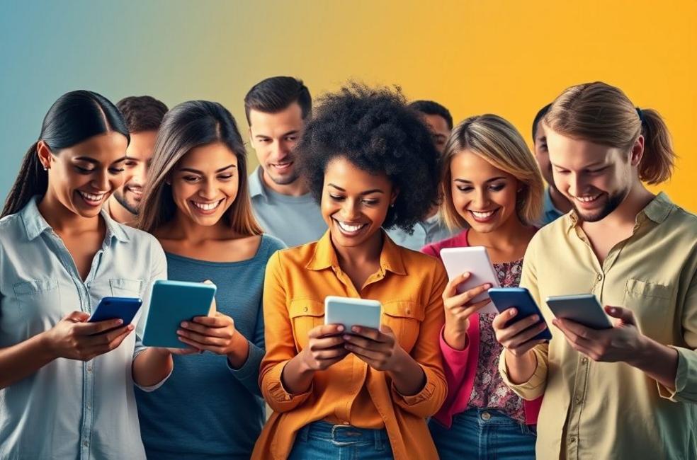 Grupo diversificado usando dispositivos digitais para interagir com anúncios no Facebook.