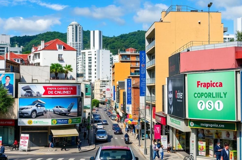 Paisagem urbana de Franca, SP, destacando empresas locais e publicidade.
