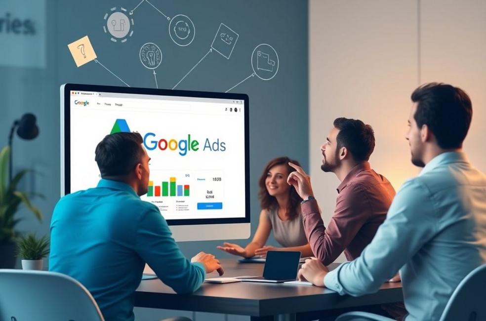 Representação do Google Ads na tela de um computador com empresários discutindo estratégias.