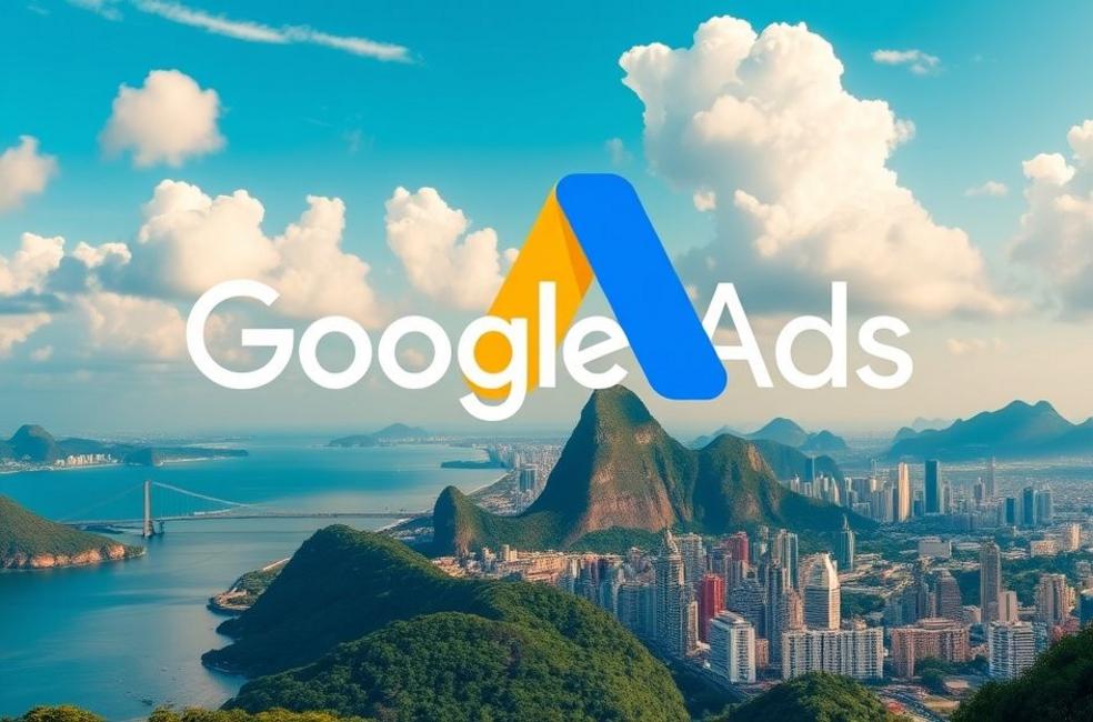 Imagem vibrante representando anúncios do Google com elementos de marketing digital e o horizonte do Rio.