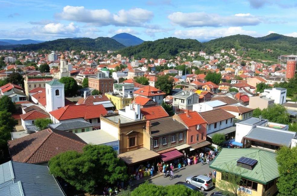 Vista panorâmica de Gramado, destacando a cena movimentada do mercado local.