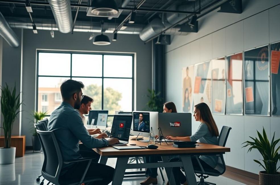 Ambiente profissional de uma agência de marketing digital trabalhando em campanhas de anúncios no YouTube.