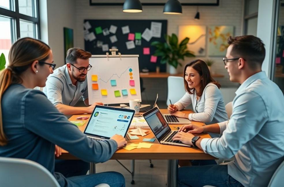 Equipe de marketing digital em Londrina discutindo estratégias de Google Ads.