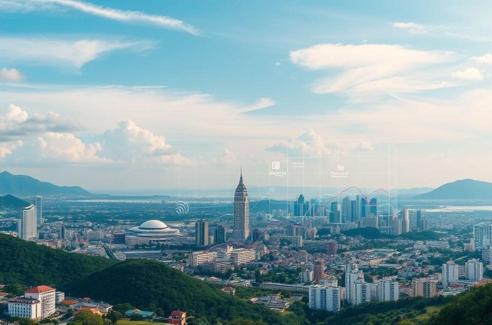 Panorama de Osasco com elementos de marketing digital misturados.