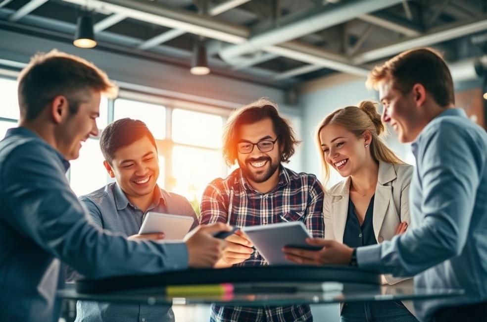 Equipe trabalhando focada em estratégias de marketing digital com dispositivos tecnológicos.