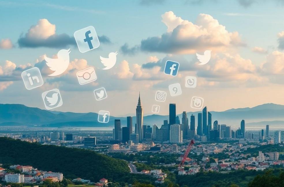 Vista da cidade de Jaraguá do Sul com ícones de redes sociais.