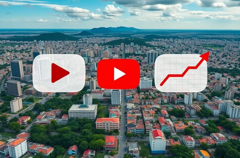 Vista aérea de Jaraguá do Sul com símbolos de anúncios do YouTube