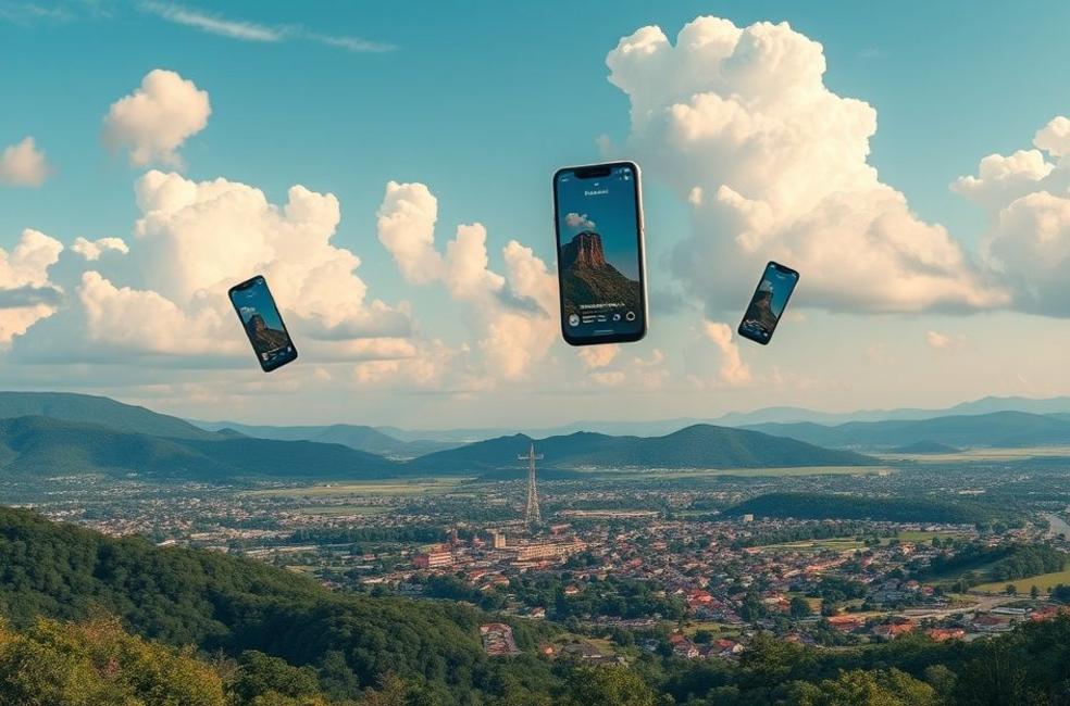 Paisagem de Lages, SC com elementos digitais de marketing.