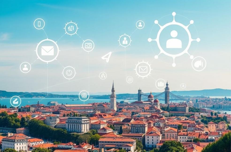 Vista vibrante do skyline de Lisboa com ícones de marketing digital.