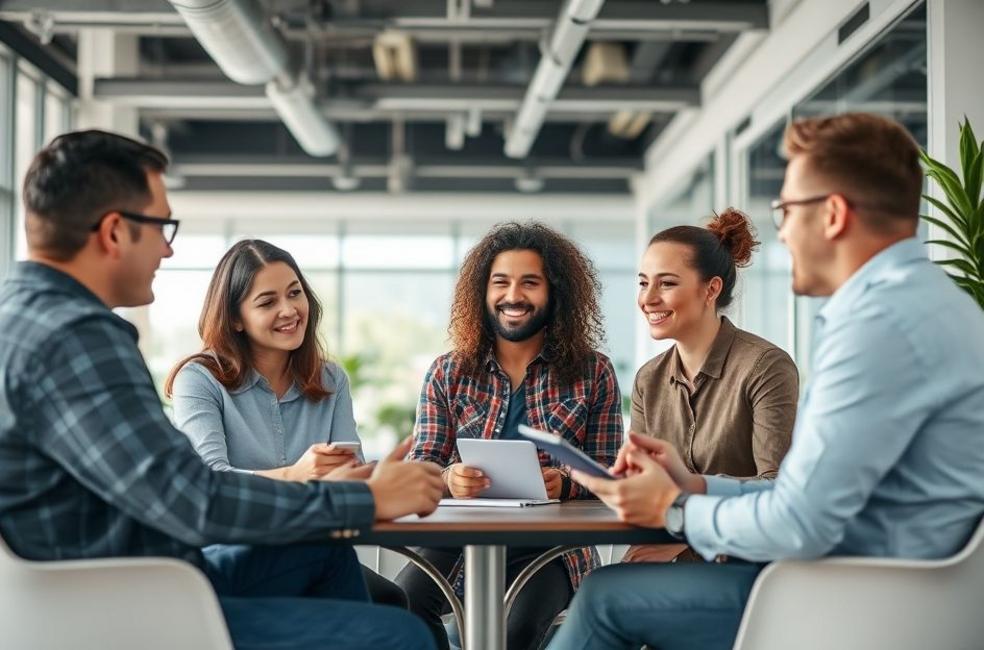 Grupo de empreendedores discutindo estratégias de marketing digital.