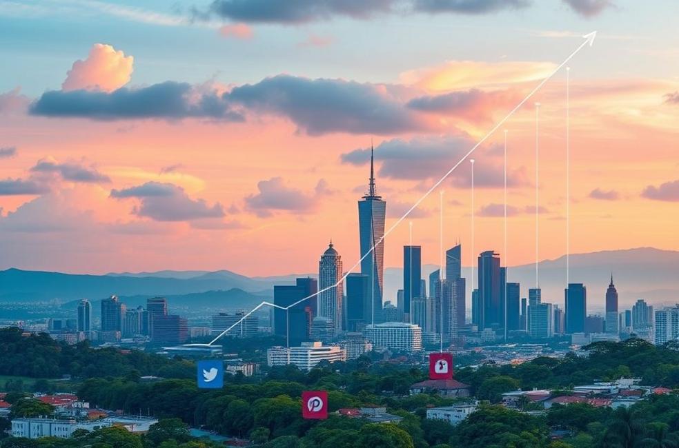 Vista da cidade de Londrina com símbolos de marketing digital representando crescimento.