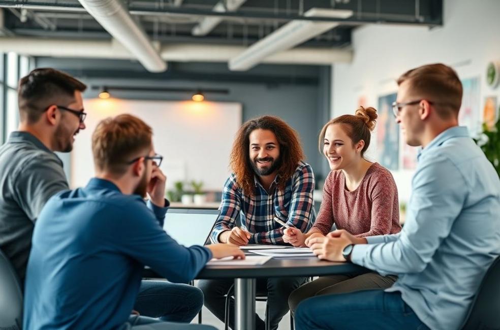 Equipa de marketing digital colaborando em um ambiente inovador.