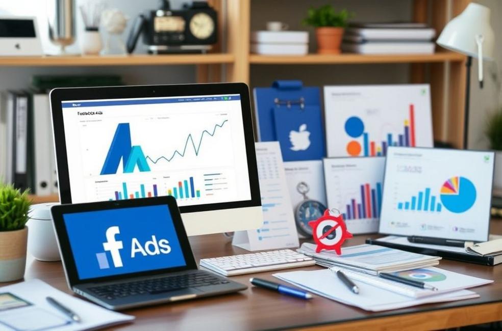 Conjunto de ferramentas de marketing digital representando estratégias de Facebook Ads