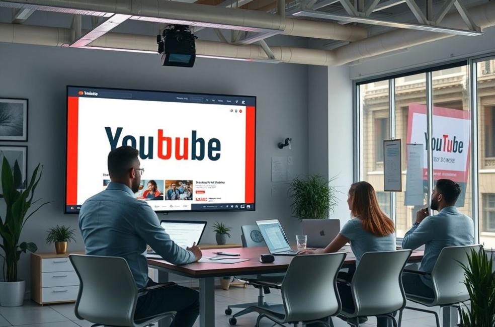 Profissionais de marketing colaborando em estratégias de anúncios no YouTube.
