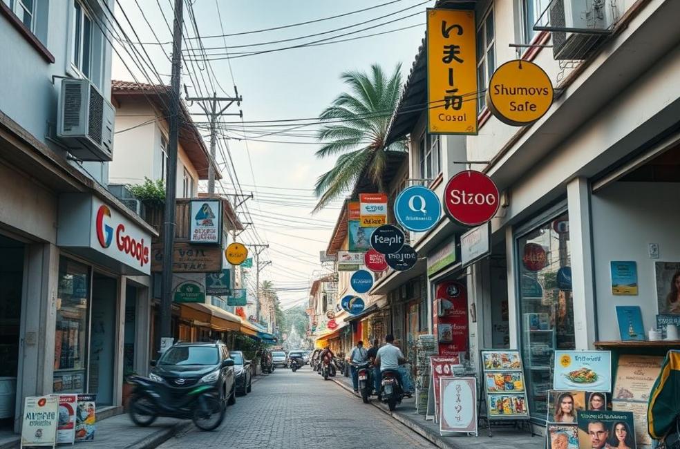 Uma rua movimentada em Mogi das Cruzes, destacando o comércio local e o potencial de marketing digital.