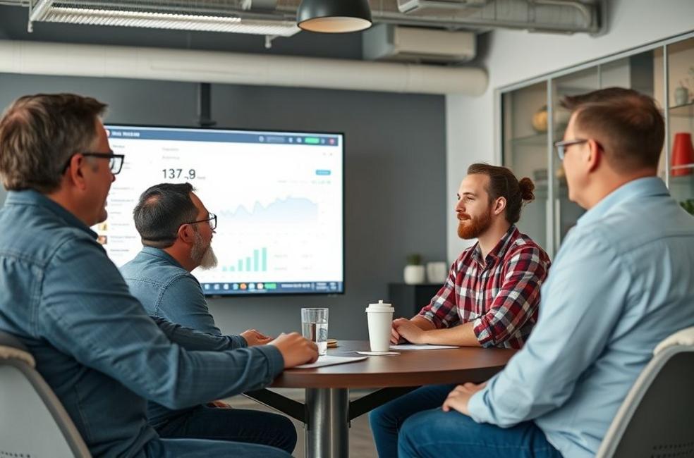 Proprietários de negócios discutindo sobre estratégias de YouTube Ads com um especialista.