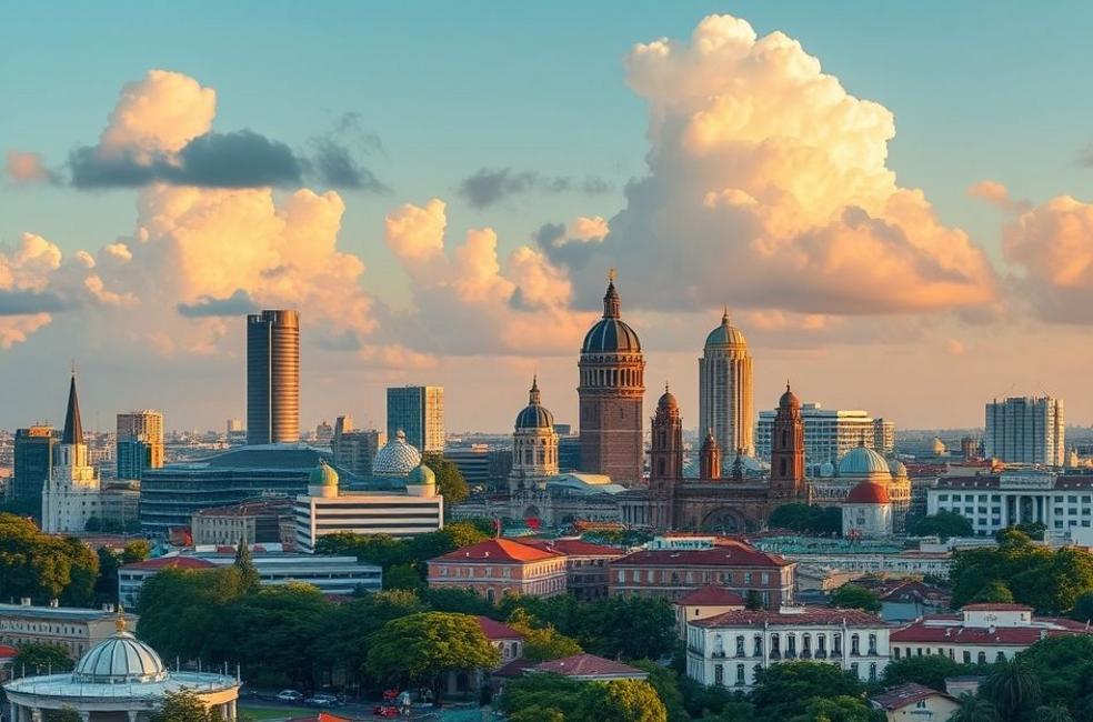 Vista da cidade de Pelotas com elementos visuais de marketing digital.