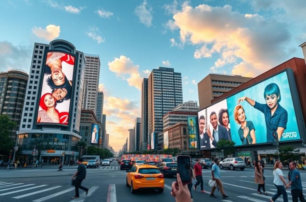 Cidade de Porto Alegre com anúncios digitais visíveis.