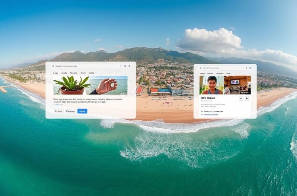 Vista da Praia Grande com elementos de marketing digital representando sucesso empresarial.