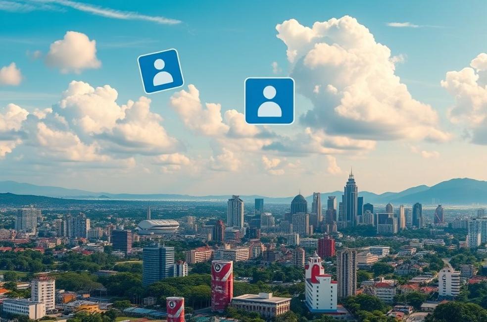 Vista da cidade de Ribeirão Preto com elementos de marketing digital.