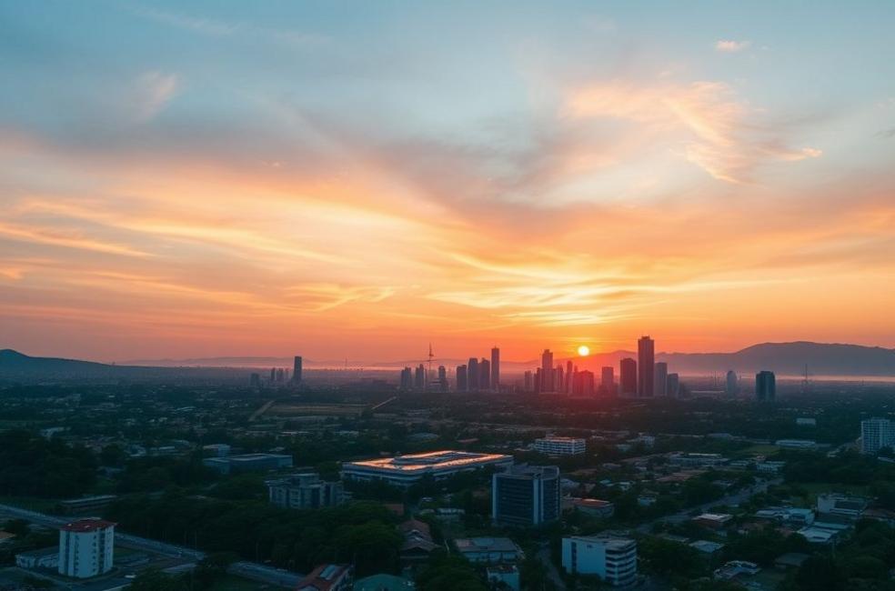 Vista do skyline de Ribeirão Preto durante o pôr do sol.
