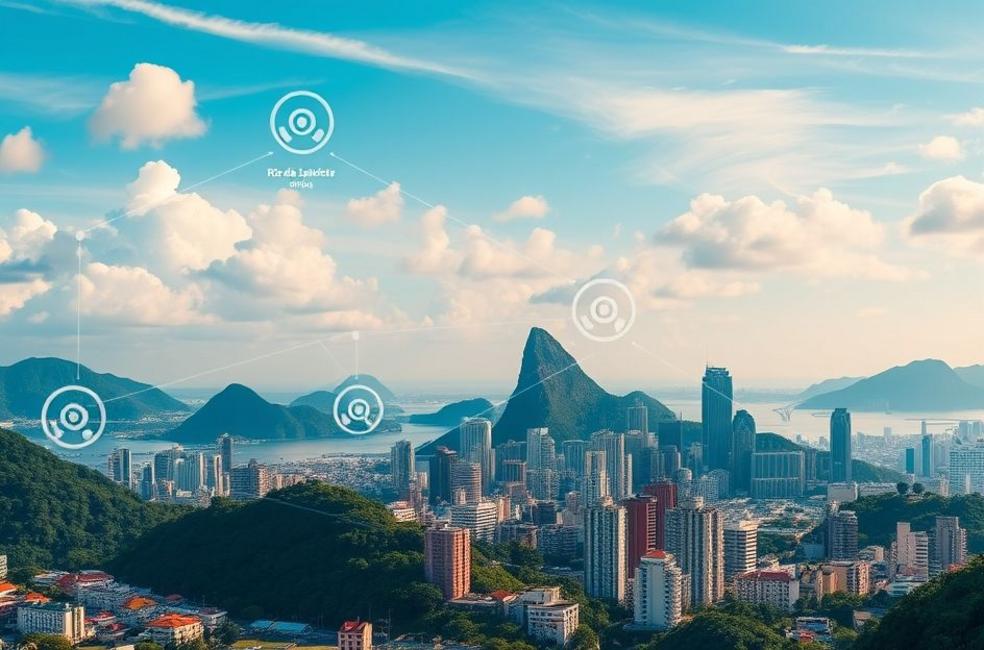 Vista do skyline do Rio de Janeiro com elementos de marketing digital.