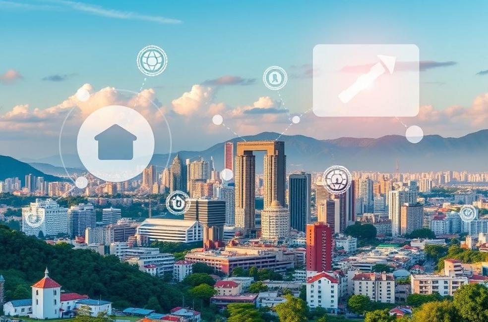 Cidade de Santa Cruz do Sul com simbolismo de marketing digital.