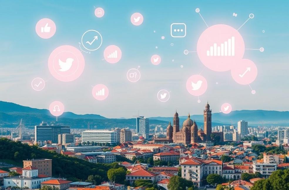 Vista de São José dos Campos com símbolos de marketing digital.