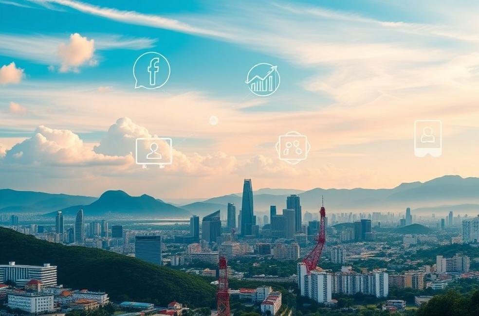 Paisagem urbana de São Leopoldo com símbolos de marketing digital.