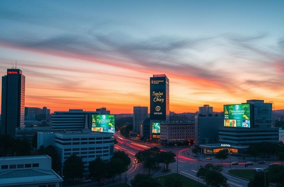 Vista da cidade de São José dos Campos com anúncios digitais luminosos.